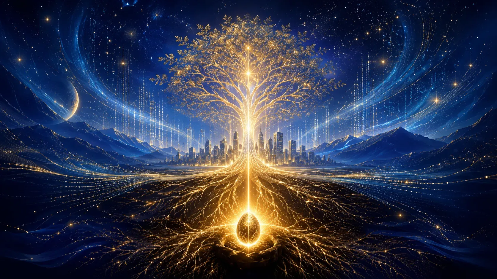 Árbol cósmico de luz con nodos de conocimiento