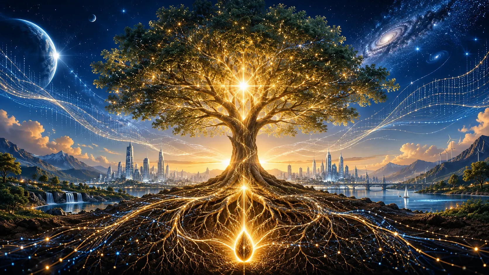 Árbol luminoso ante una ciudad reconciliada