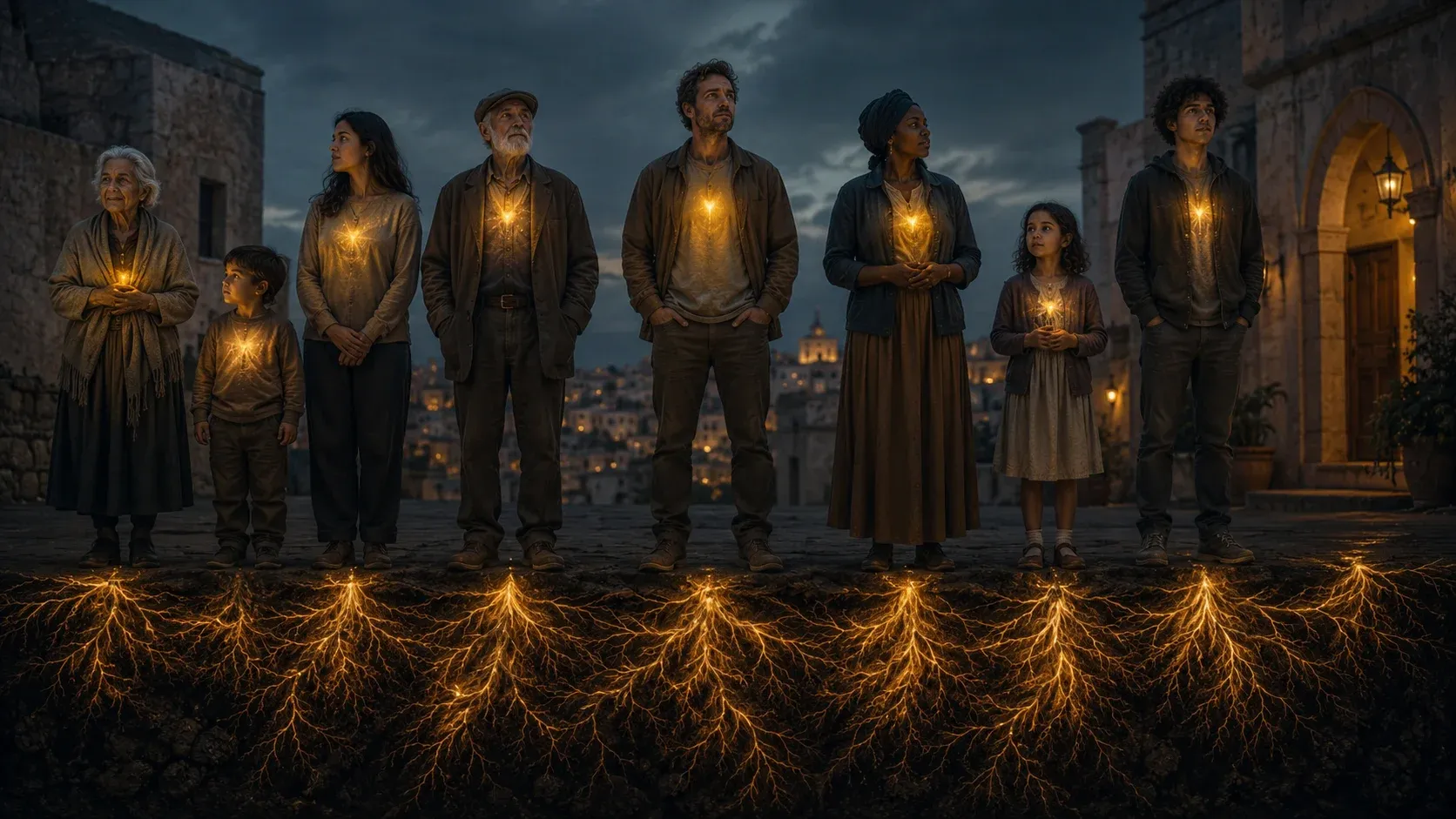 Comunidad de generaciones conectada por raíces luminosas
